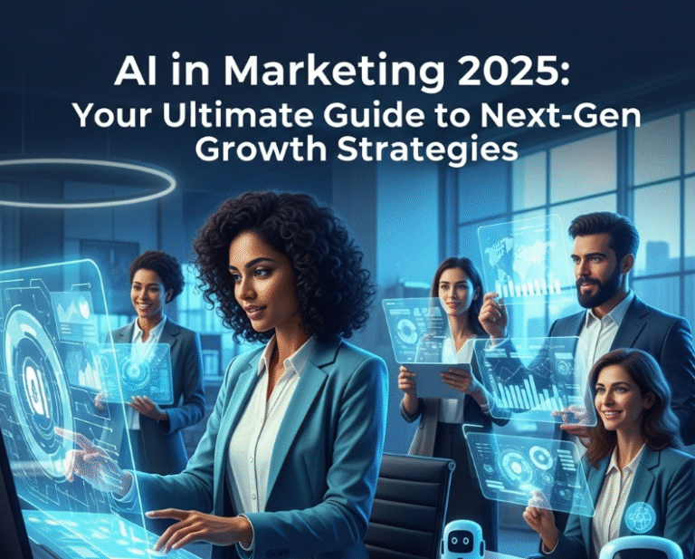 AI marketing in 2025 showing a futuristic city with personalized holographic ads and robot-human interactions, depicting advanced growth strategies.