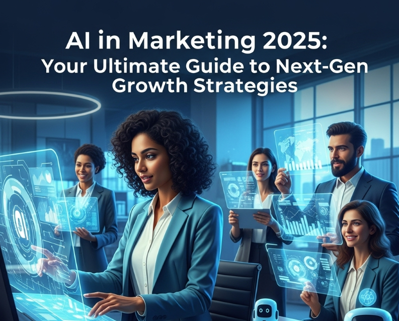 AI marketing in 2025 showing a futuristic city with personalized holographic ads and robot-human interactions, depicting advanced growth strategies.