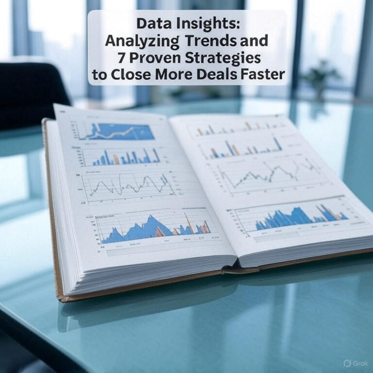 A professional business setting featuring two individuals holding a detailed B2B sales playbook document filled with colorful charts, graphs, and pie charts. The document is titled "The B2B Sales Playbook: 7 Proven Strategies to Close More Deals Faster," emphasizing sales strategies and deal-closing visuals. Additional reports with charts are stacked on the table, with a modern office background including large windows and a cityscape view.